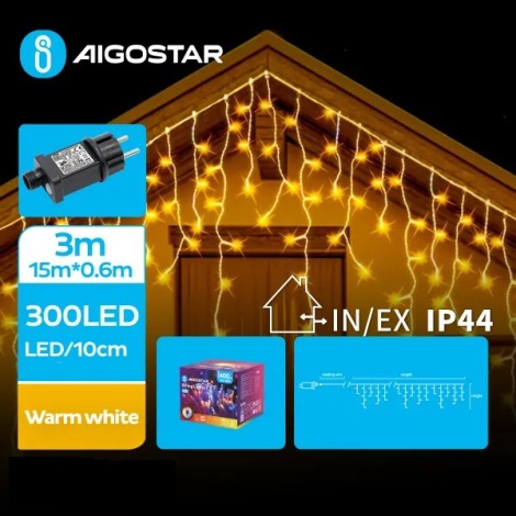 Aigostar - LED Екстериорни коледни лампички 300xLED/8 функции 18x0,6 м IP44 топло бял