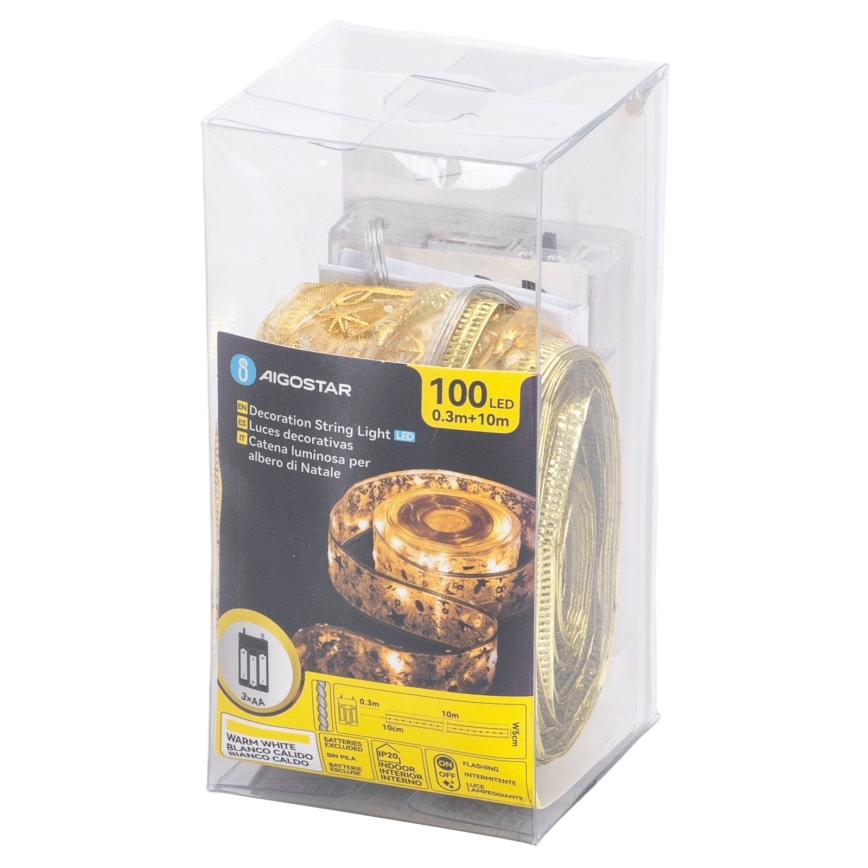 Aigostar - LED гирлянда 100xLED/3xAA 10 m топла бяла златиста