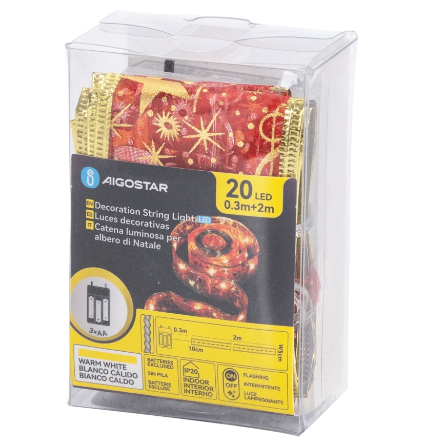 Aigostar - LED  гирлянд 20xLED/3xAA 2 m топла бяла червена
