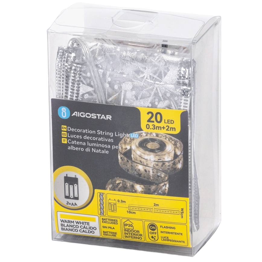 Aigostar - LED верига 20xLED/3xAA 2 m топла бяла сребриста