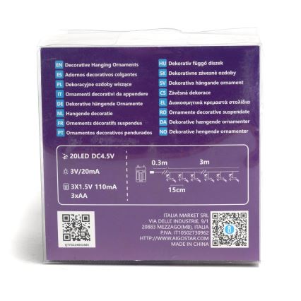 Aigostar - LED гирлянд 20xLED/3xAA 3,3m с еленчета