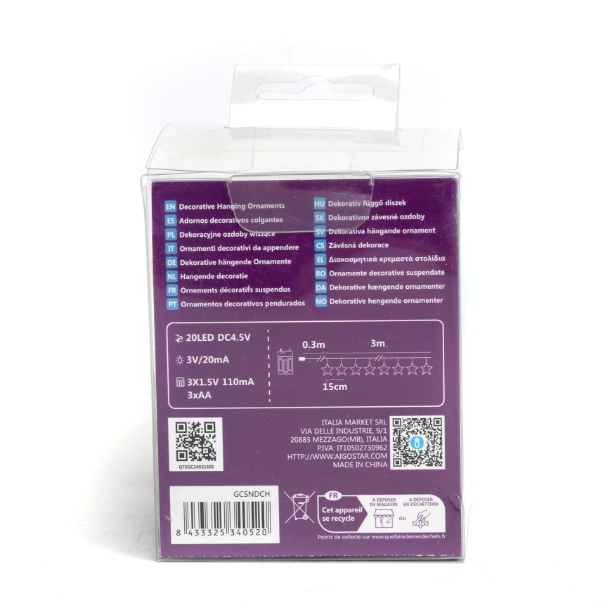 Aigostar - LED гирлянд 20xLED/3xAA 3,3m звезди