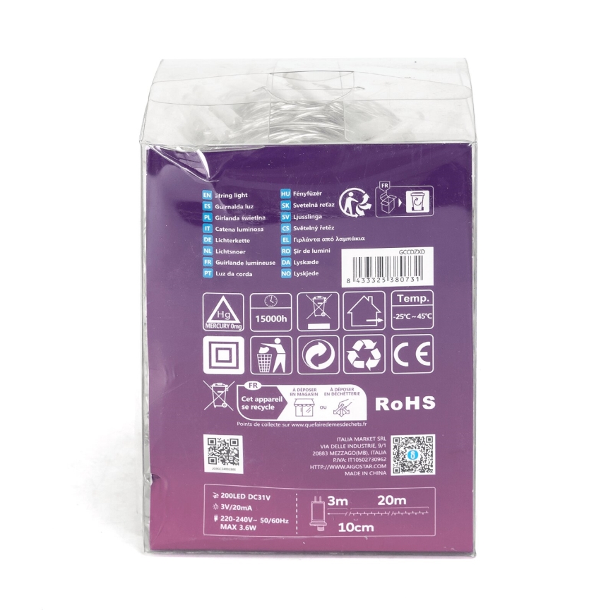 Aigostar - LED гирлянд за външна употреба 200xLED/8 режима 23m IP44 топла бяла светлина