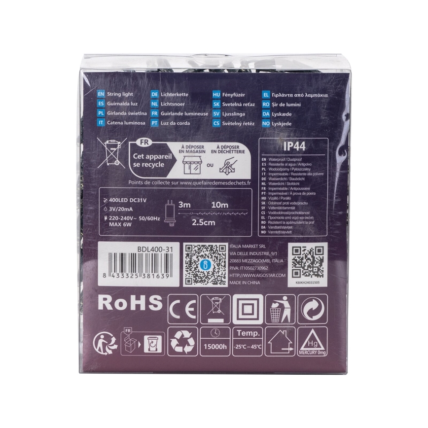 Aigostar - LED гирлянд за външна употреба, 400 x LED, 8 режима, 13 m, IP44, студено бяло