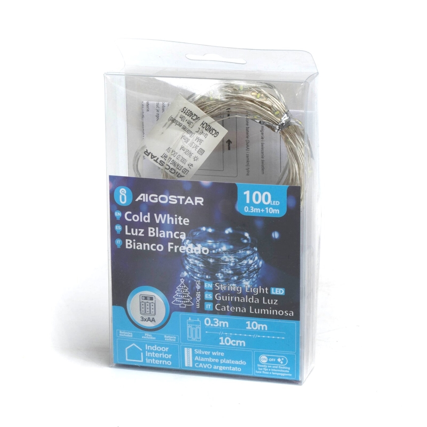 Aigostar - LED  гирлянда 100xLED/3xAA 10,3m студено бяла