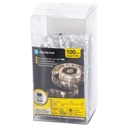 Aigostar - LED верига 100xLED/3xAA 10 m топла бяла сребриста