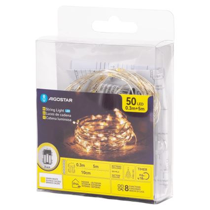 Aigostar - Външен LED гирлянд 50 LED, 8 режима, 3 x AA, 5,3 m, топло бяло