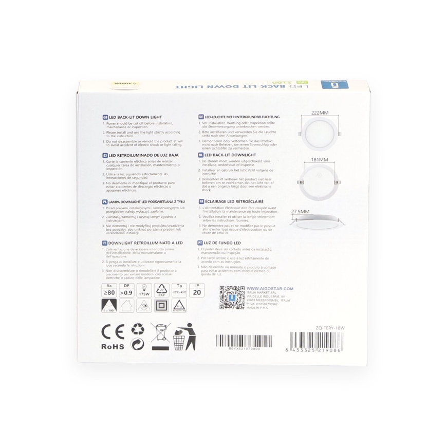 Aigostar - LED Лампа за окачен таван LED/18W/230V 4000K Ø 22 см бял