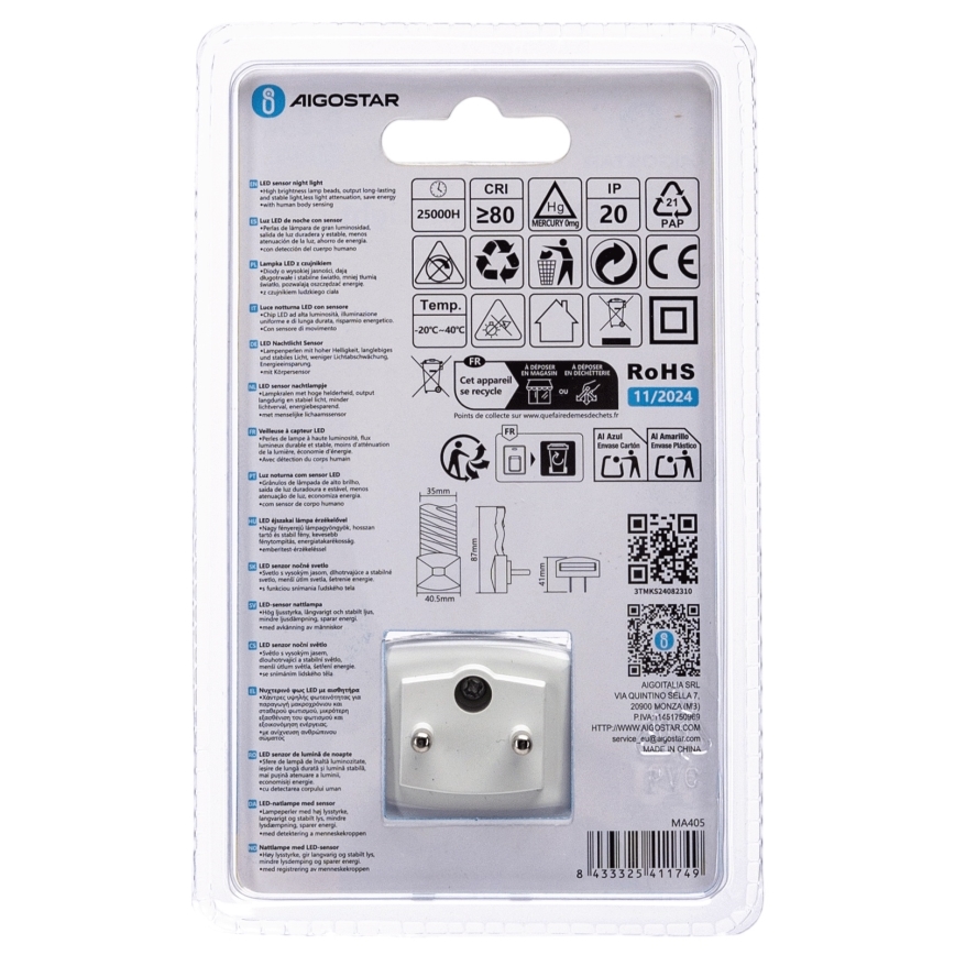 Aigostar - LED Нощна лампа със сензор за здрач LED/0,2W/230V 3000K