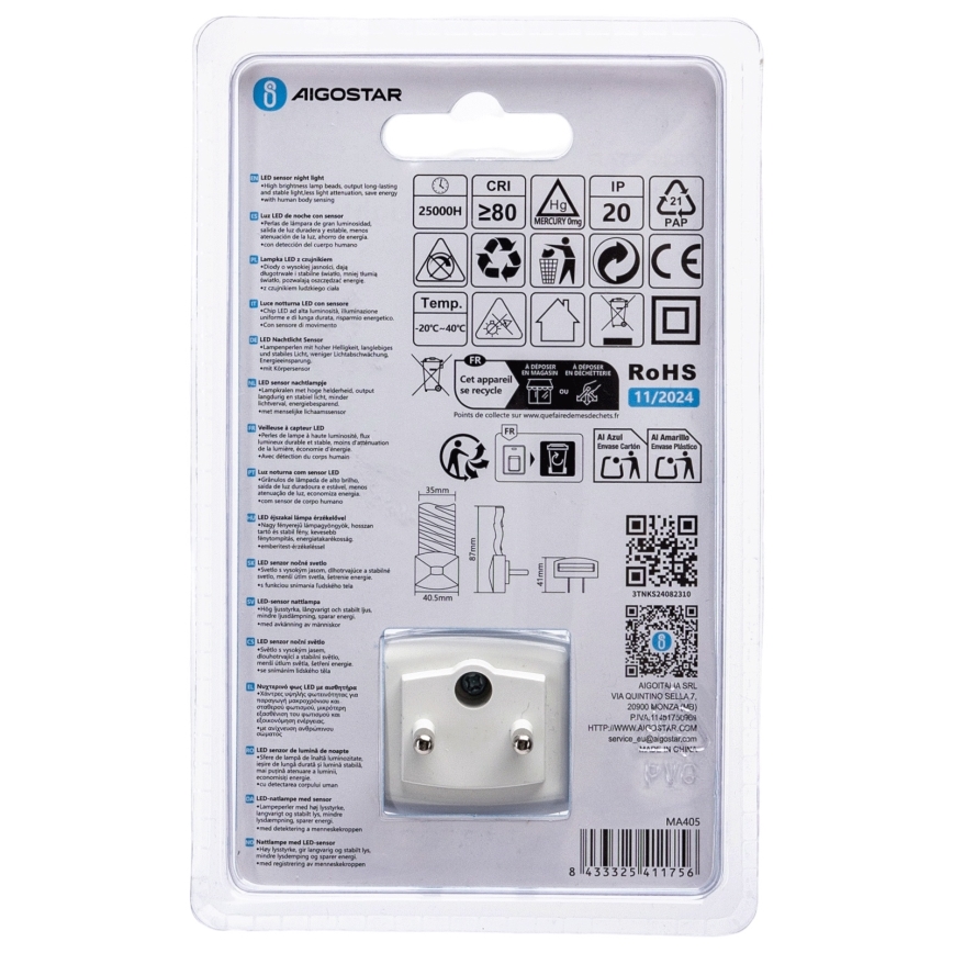 Aigostar - LED Нощна лампа със сензор за здрач LED/0,2W/230V 6500K