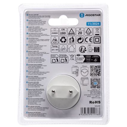 Aigostar - LED Нощна лампа със сензор за здрач LED/0,5W/230V 3000K