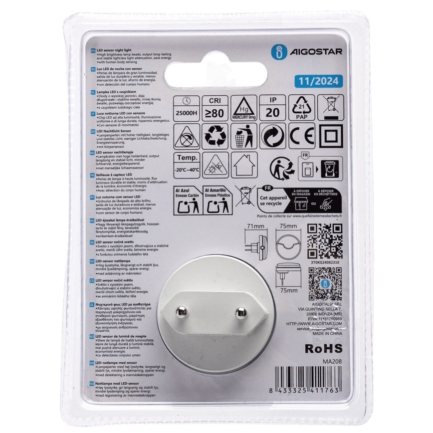 Aigostar - LED Нощна лампа със сензор за здрач LED/0,5W/230V 3000K