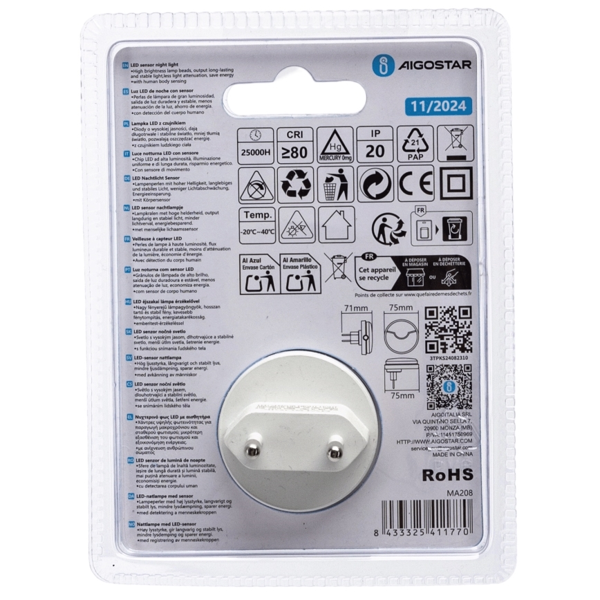 Aigostar - LED Нощна лампа със сензор за здрач LED/0,5W/230V 6500K