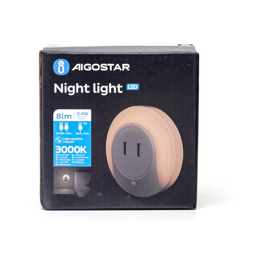 Aigostar - LED нощно осветително тяло със сензор за здрач за включване в контакт с USB LED/0,4W/230V