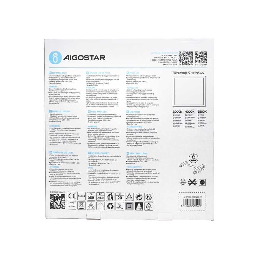 Aigostar - LED панел за окачен таван LED/40W/230V 3000K/4000K/6500K 60x60 см бял