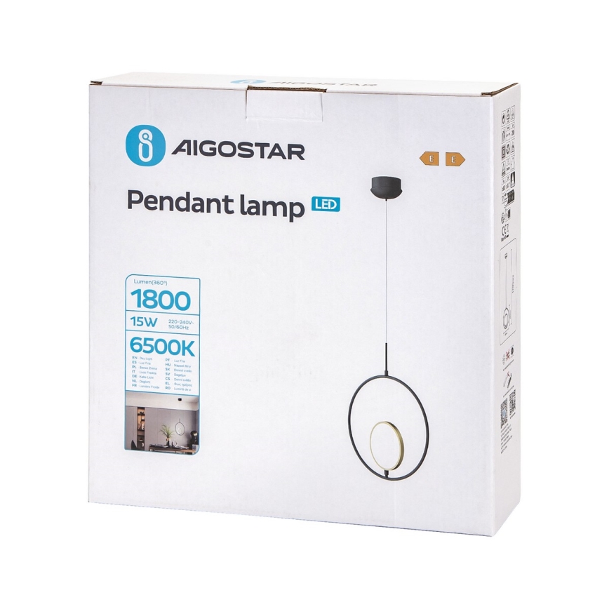 Aigostar - LED Пендел LED/15W/230V 6500K черен/златист