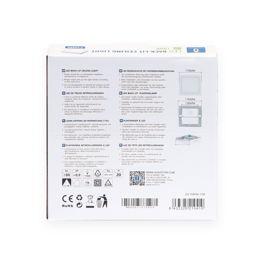 Aigostar - LED Плафон за повърхностен монтаж LED/12W/230V 17,3x17,3 см 6500K бял