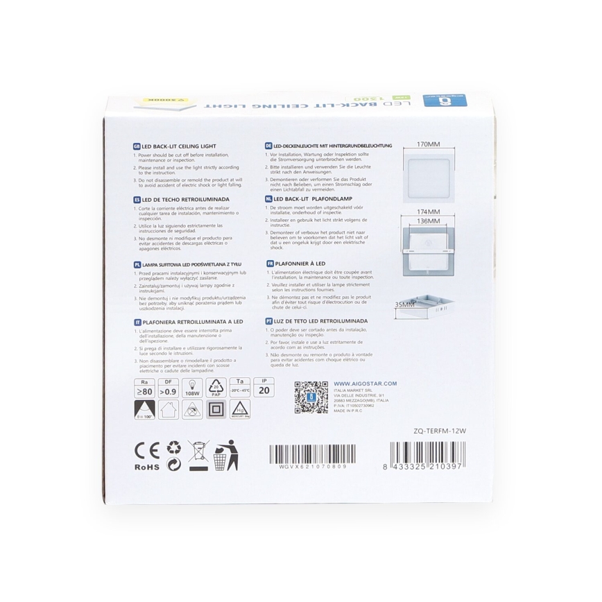 Aigostar - LED Плафониера LED/12W/230V 17,3x17,3 см 3000K бял
