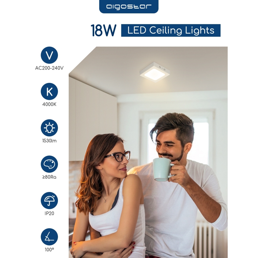Aigostar - LED повърхностно монтирано таванно осветително тяло LED/18W/230V 4000K 22,6x22,6 cm бяло