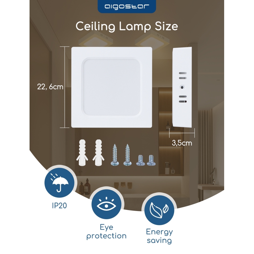 Aigostar - LED повърхностно монтирано таванно осветително тяло LED/18W/230V 4000K 22,6x22,6 cm бяло