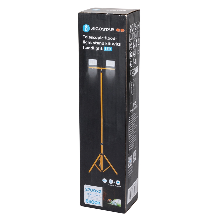 Aigostar - LED прожектор със стойка 2xLED/30W/230V 6500K IP65 оранжев/черен