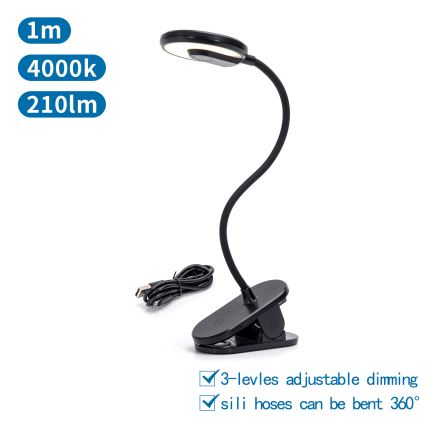 Aigostar - LED регулируема настолна лампа с клипс, презареждаема LED/3W/5V 1800mAh, черна
