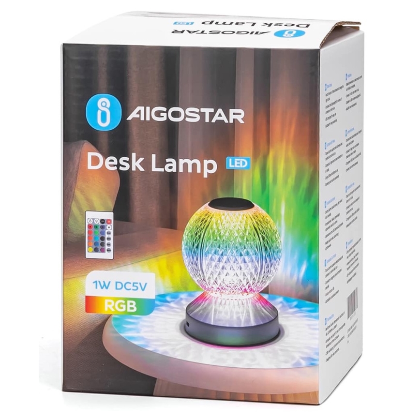 Aigostar - LED RGB Димируема акумулаторна настолна лампа LED/1W/5V 1800mAh 13,5 см + дистанционно управление