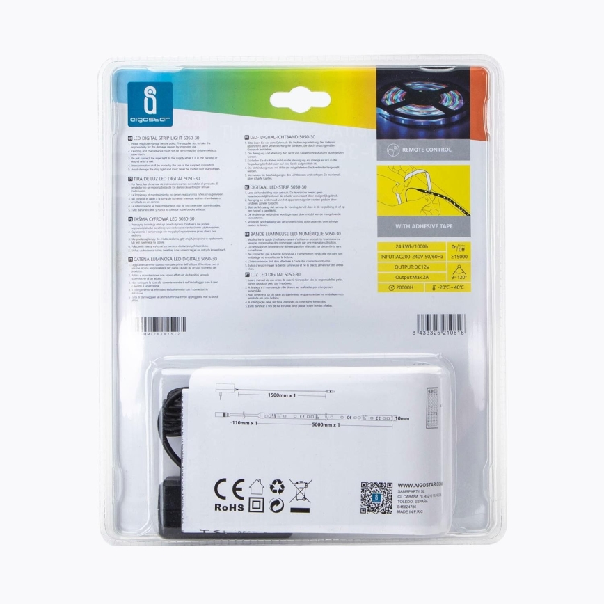 Aigostar - LED RGB Димируема екстериорна лента 5м LED/24W/12/230V IP65 + дистанционно