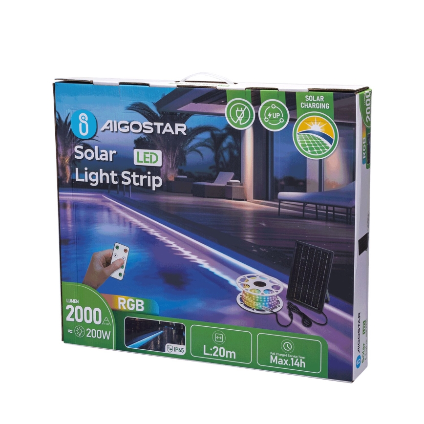 Aigostar - LED RGB Димируема соларна лента LED/20W/3,2V 20 m IP65 20000 mAh + дистанционно управление