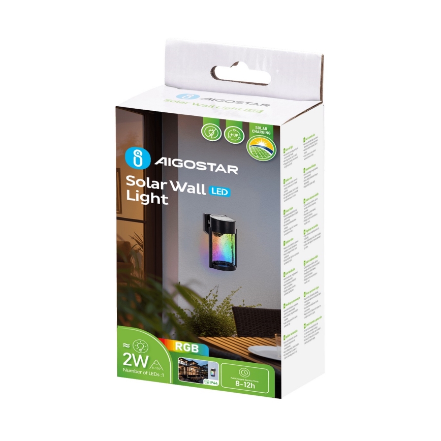 Aigostar - LED RGB Соларен аплик LED/2W/1,2V черен IP44