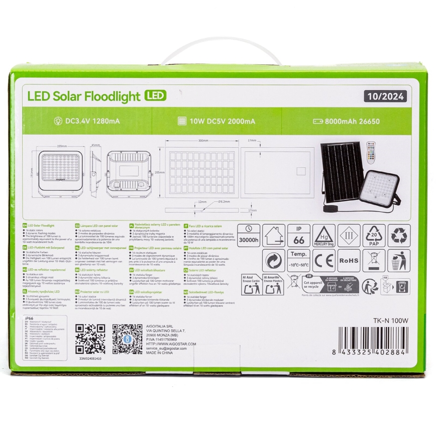 Aigostar - LED RGBW Димируем соларен прожектор LED/100W/3,4V IP66 + дистанционно управление