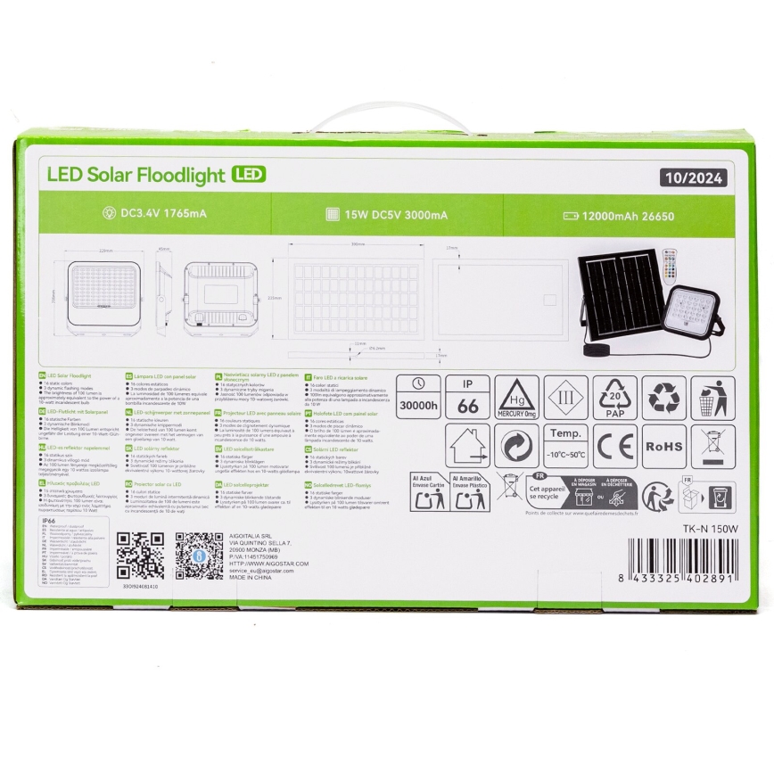 Aigostar - LED RGBW Димируем соларен прожектор LED/150W/3,4V IP66 + дистанционно управление