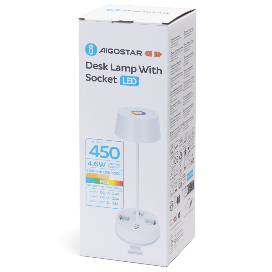 Aigostar - LED RGBW димируема настолна лампа с вградени контакти и USB порт LED/4,6W/230V 3000/4000/6500K бяла