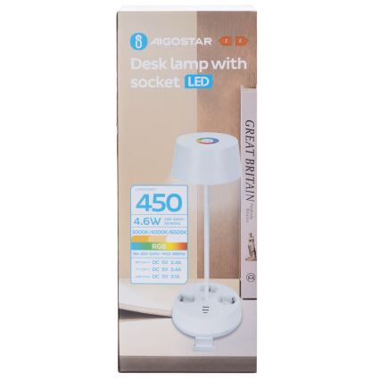 Aigostar - LED RGBW димируема настолна лампа с вградени контакти и USB порт LED/4,6W/230V 3000/4000/6500K бяла
