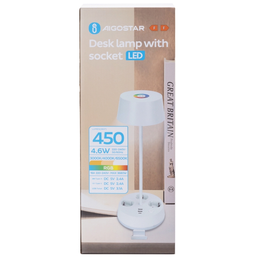 Aigostar - LED RGBW димируема настолна лампа с вградени контакти и USB порт LED/4,6W/230V 3000/4000/6500K бяла