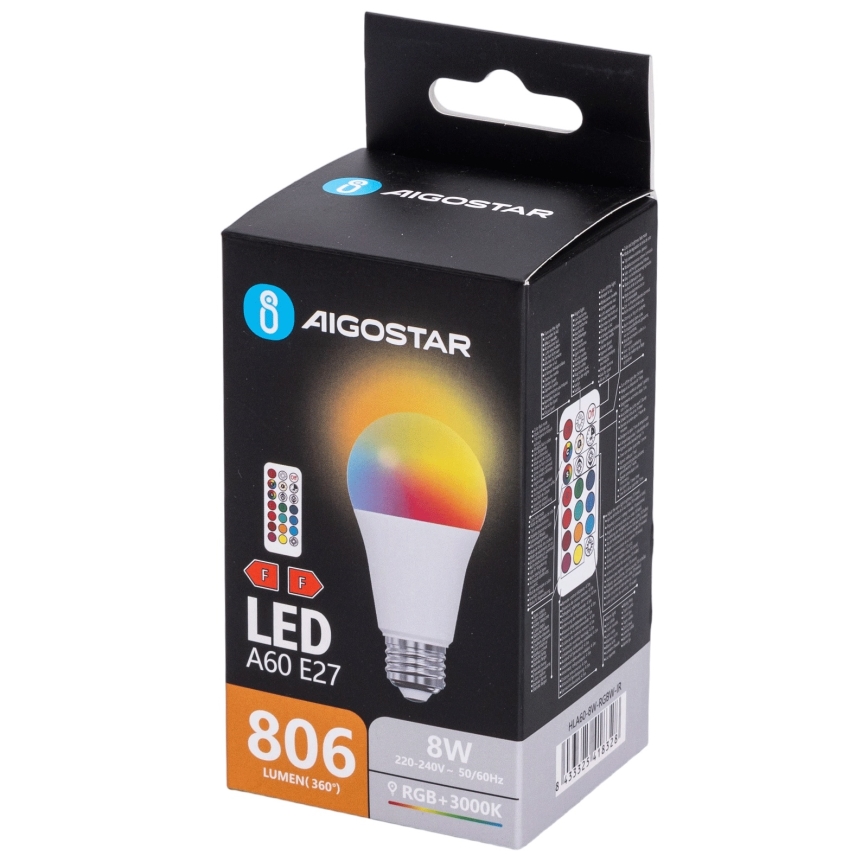 Aigostar - LED RGBW димируема крушка A60 E27/8W/230V 3000K + дистанционно управление