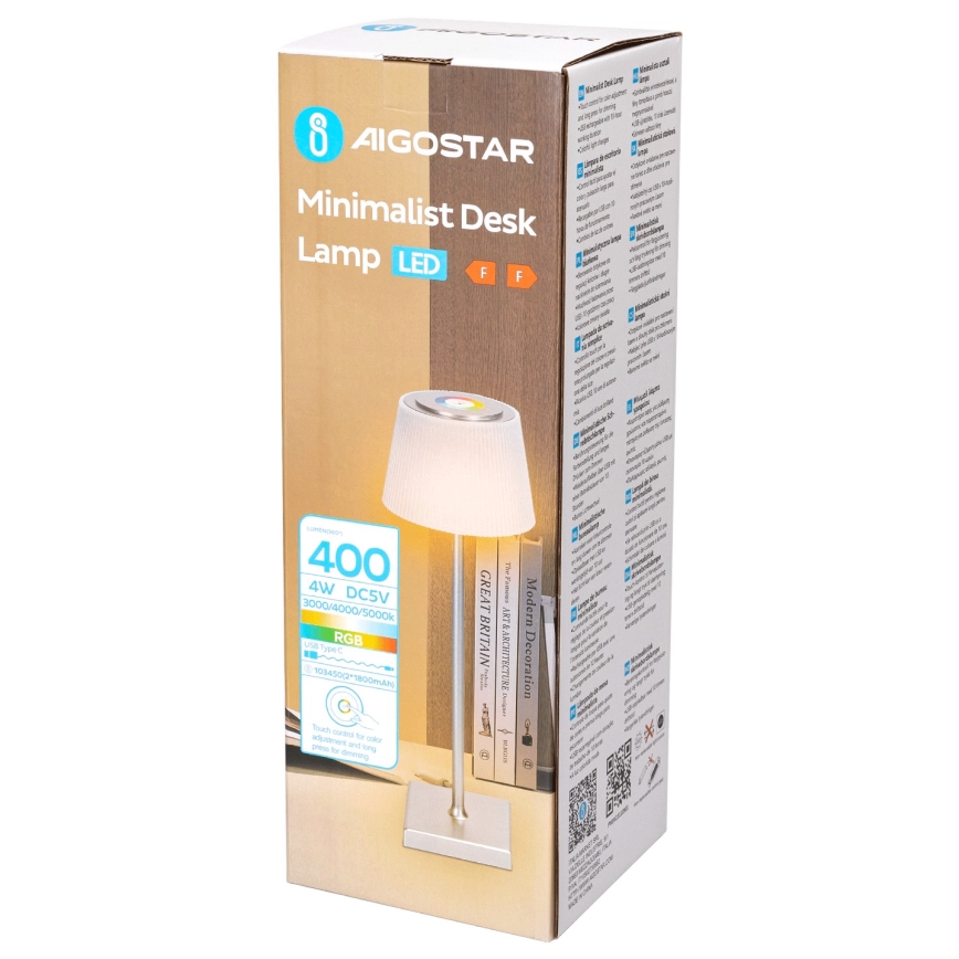Aigostar - LED RGBW Екстериорна димируема акумулаторна настолна лампа LED/4W/5V 3600mAh бял/матов хром IP54