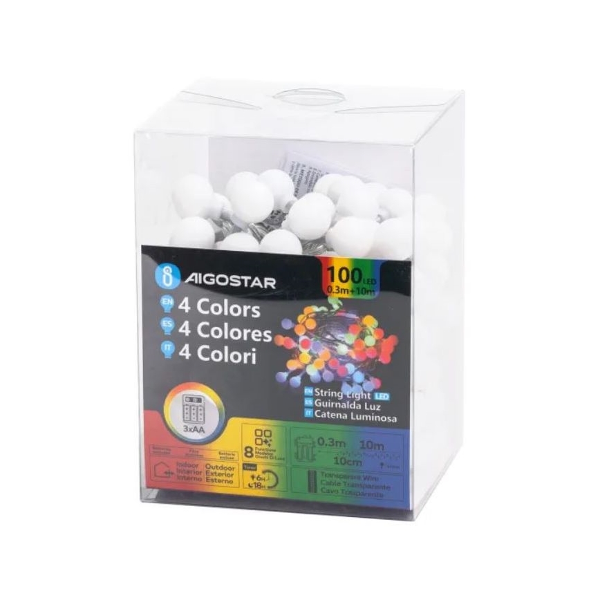 Aigostar - LED RGBY Екстериорен коледни лампички 100xLED/3xAA/8 функции 10,3 м IP44