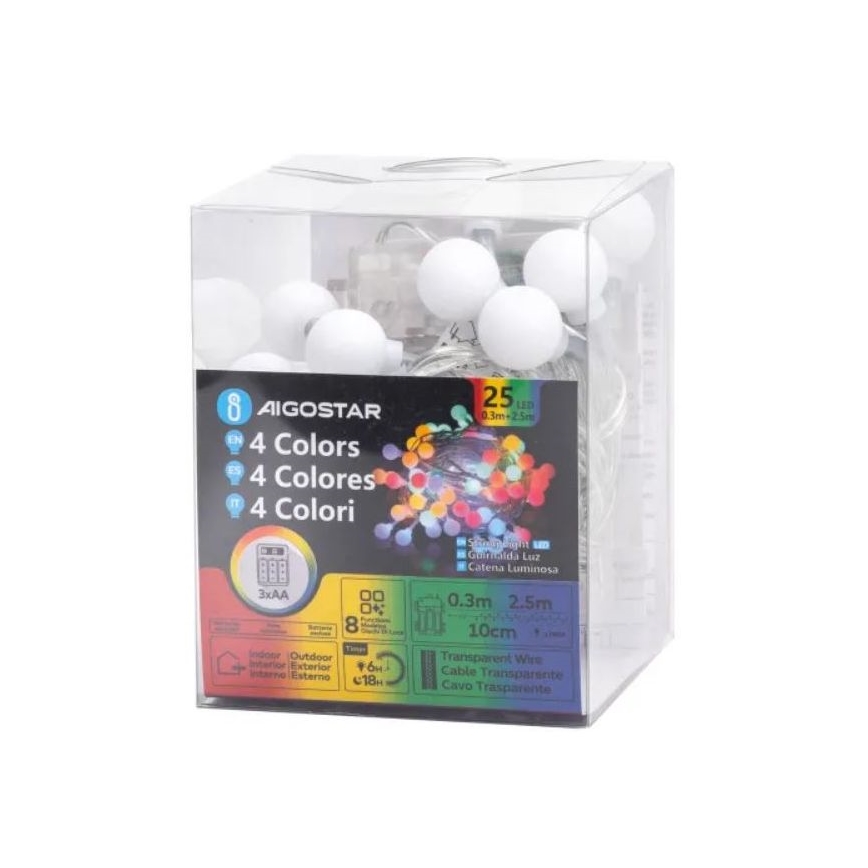 Aigostar - LED RGBY Екстериорен коледни лампички 25xLED/3xAA/8 функции 2,8 м IP44