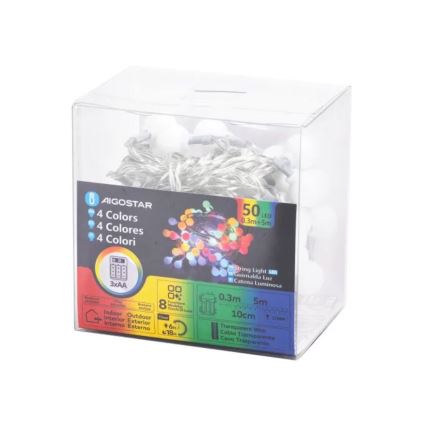 Aigostar - LED RGBY Екстериорен коледни лампички 50xLED/3xAA/8 функции 5,3 м IP44