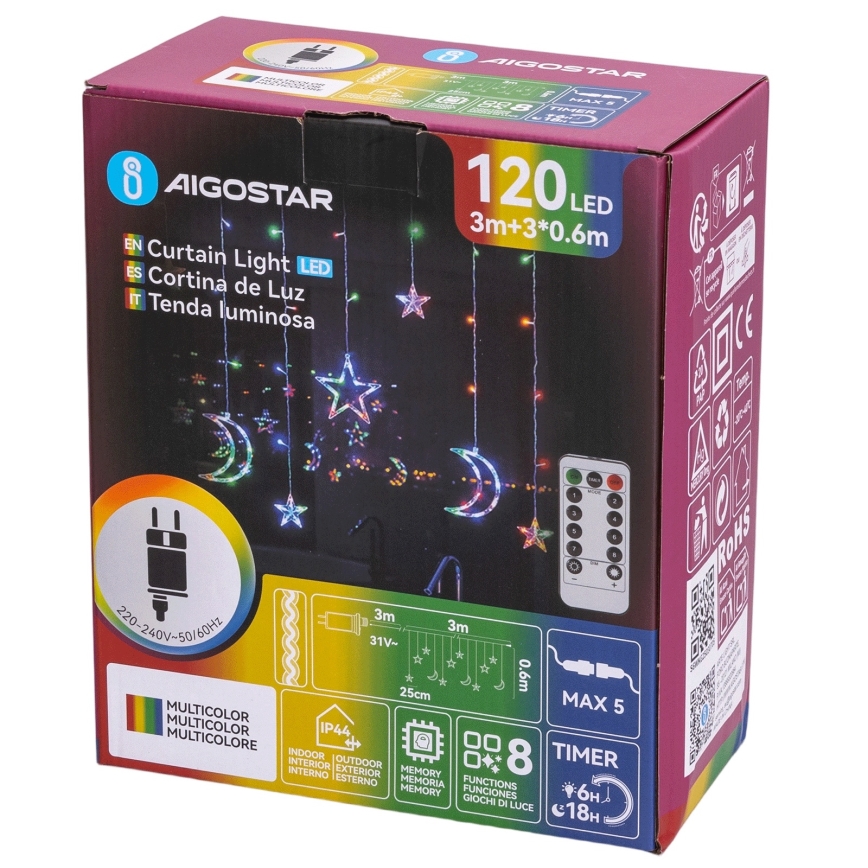 Aigostar - LED RGBY външна коледна гирлянда 120xLED/8 функции 3x0,6m IP44 многоцветна + дистанционно управление