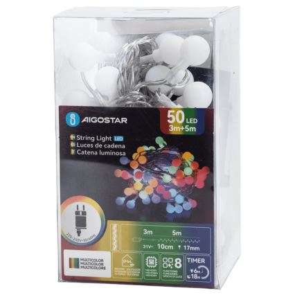 Aigostar - LED външна декоративна гирлянда 50xLED/8 функции 5 m IP44 многоцветна