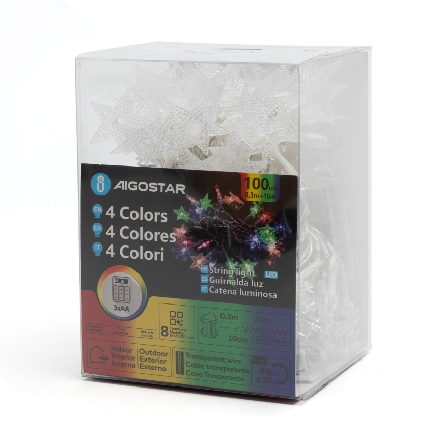 Aigostar - LED RGBY външна коледна гирлянда 100xLED/8 функции 3xAA 10m IP44 звезди