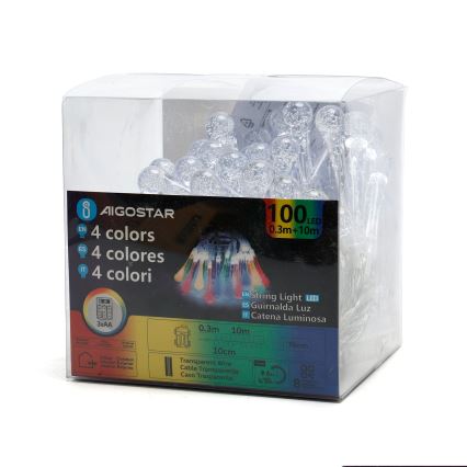 Aigostar - LED външна коледна гирлянда, 100 x LED / 8 режима, 3 x AA, 10 m, IP44, многоцветни капки