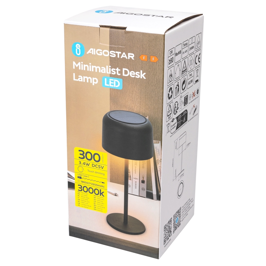 Aigostar - LED Solar димируема акумулаторна настолна лампа LED/3W/5V 2200mAh черен IP54