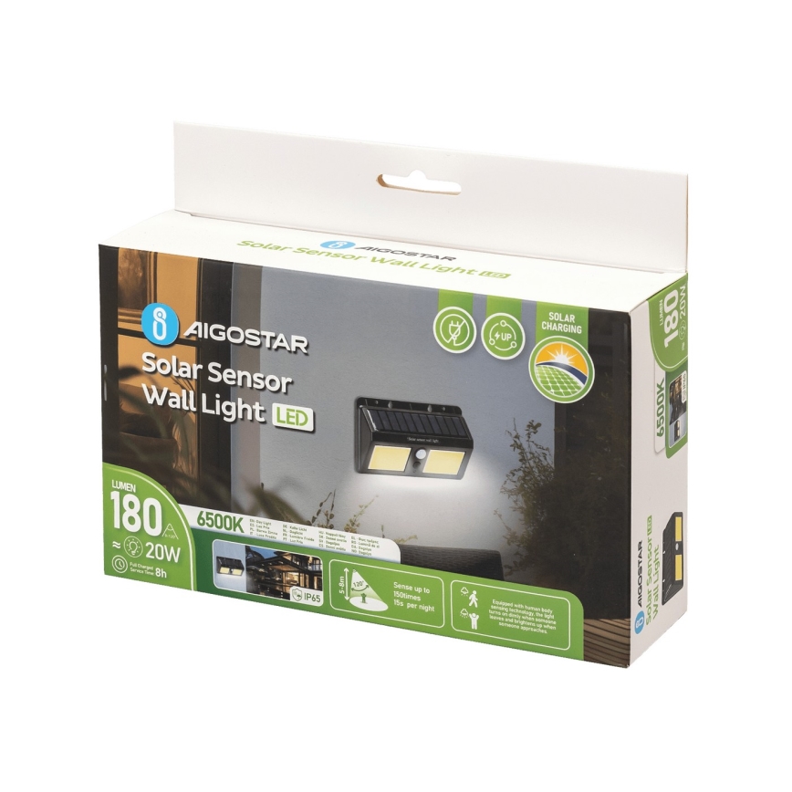 Aigostar - LED Соларен аплик със сензор LED/20W/5,5V 2400 mAh 6500K IP65