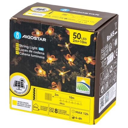 Aigostar - LED соларна декоративна гирлянда 50xLED/8 функции 10 m 800 mAh IP65 топла бяла