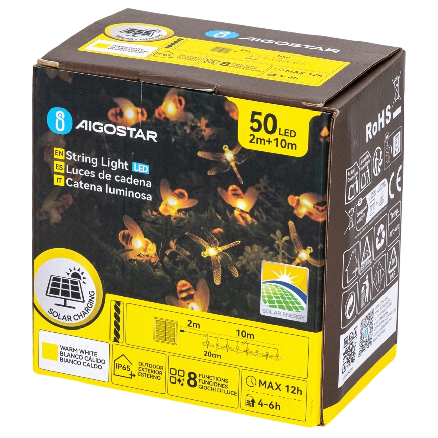 Aigostar - LED соларна декоративна гирлянда 50xLED/8 функции 10 m 800 mAh IP65 топла бяла