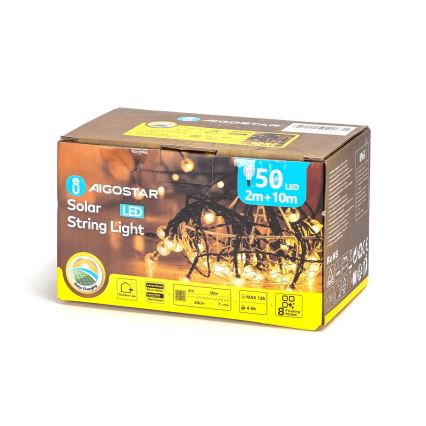Aigostar - LED соларна декоративна верига 50xLED/8 функции 12м 800 mAh IP65 топла бяла светлина