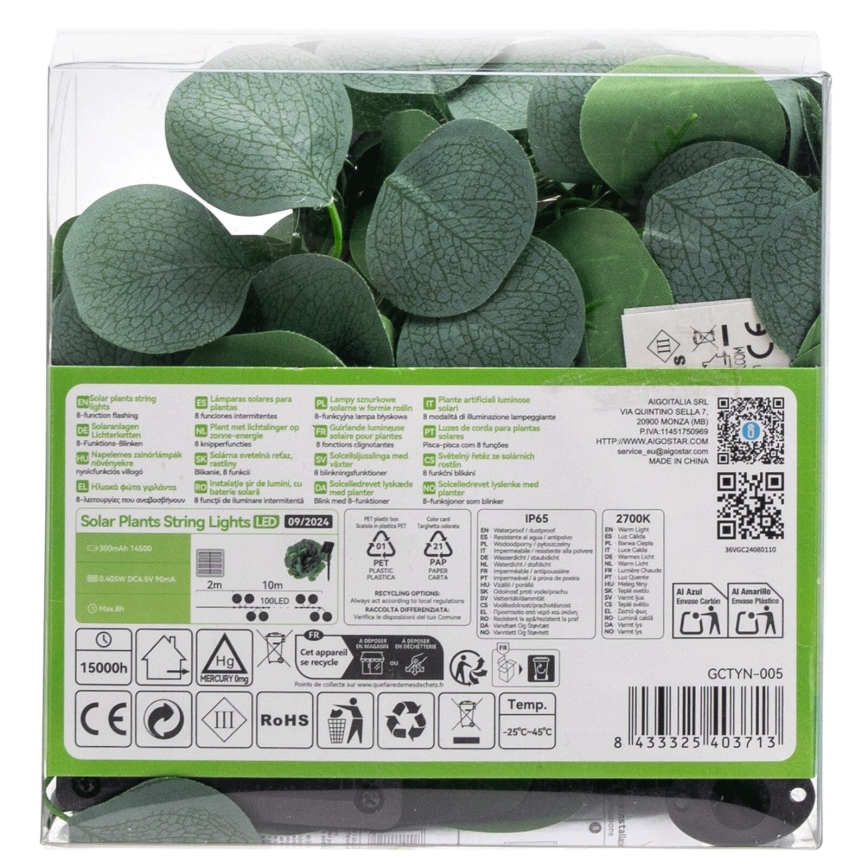 Aigostar - LED соларна верига 100xLED/12м IP65 300 mAh топла бяла евкалипт